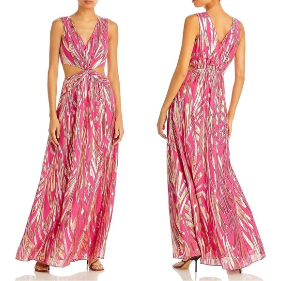 Ramy Brook Irene Cutout Metallic Gown Sz 12 Twist-Front Jacquard Maxi Dress - Picture 1 of 8